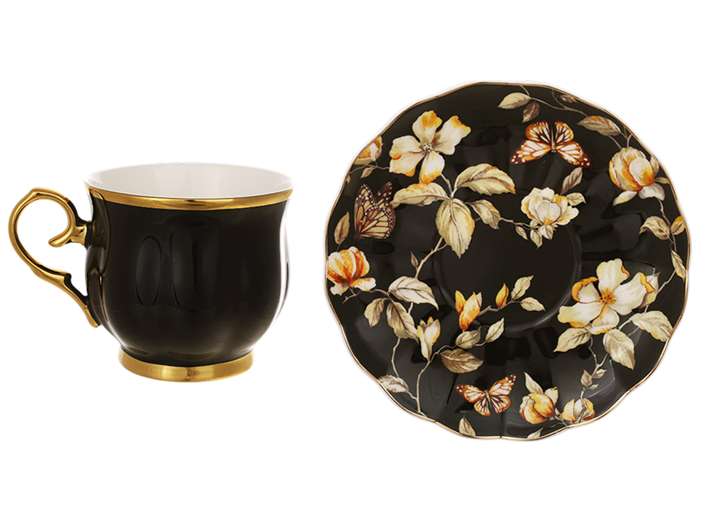 Чайный фарфоровый набор Black Magnolia, 6 чашек 200 мл, 6 блюдец (цена за набор 12 предметов)