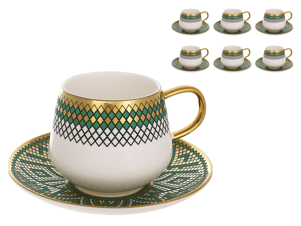 Чайный фарфоровый набор Emerald Mosaic, 6 чашек 250 мл, 6 блюдцев (цена за набор 12 предметов)