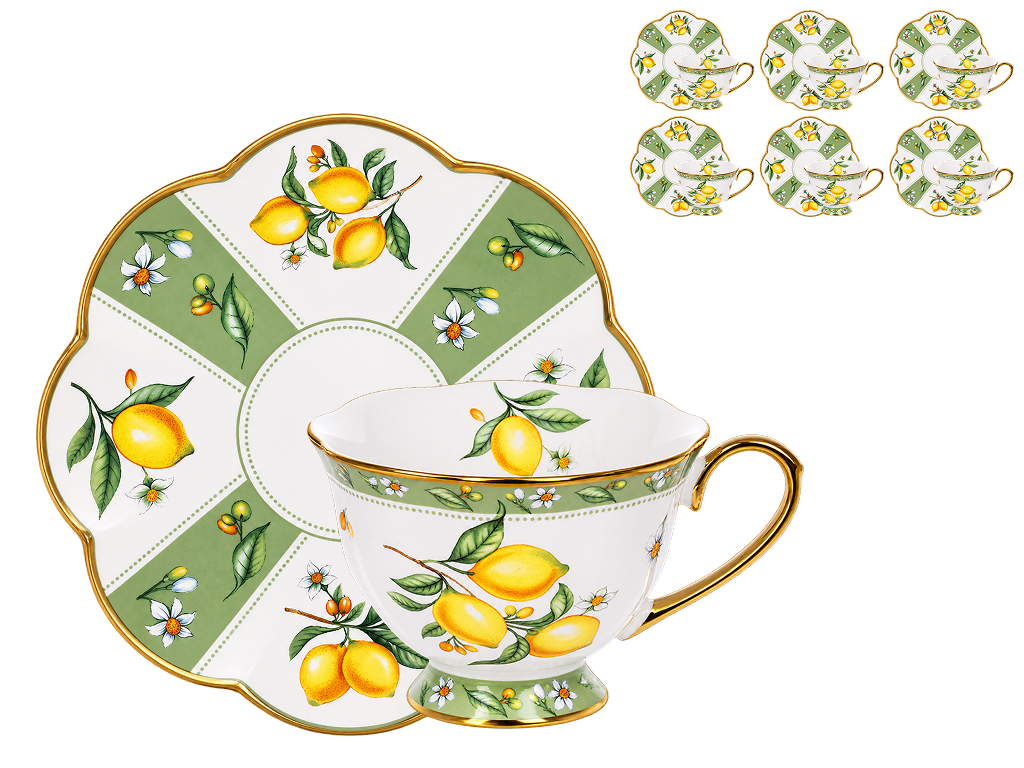 Чайний набір Lemon Garden з чашками та блюдцями, порцеляна, 220 мл, 12 предметів (ціна за набір)