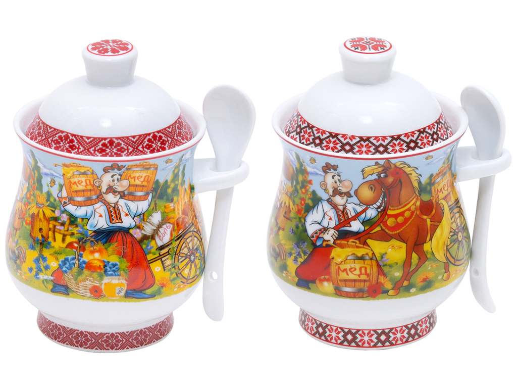 Медовница фарфоровая с ложкой Украина, 400мл, 2 дизайна