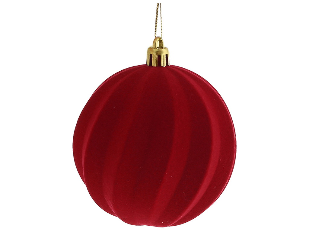 Пластиковый елочный шар ребристый с флоковым напылением, цвет - алый красный, 8см