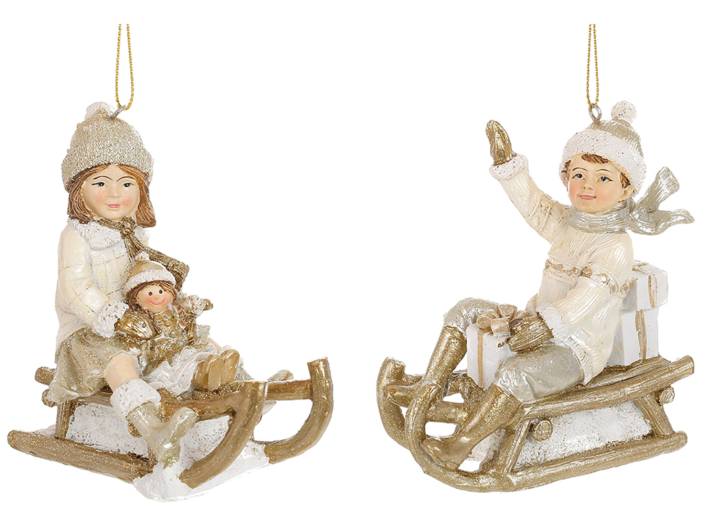 Декоративная подвеска Детки на санках, 10x5,5x10,5см, 2 дизайна, цвет - кремовый с шампанью