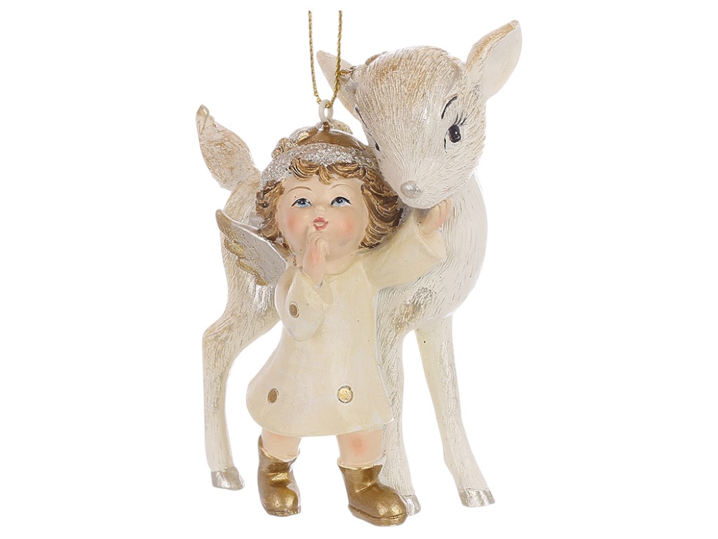 Підвіска декоративна Оленя з янголятком, полістоун, 8,5×4,5×10,5см, колір кремовий із золотом