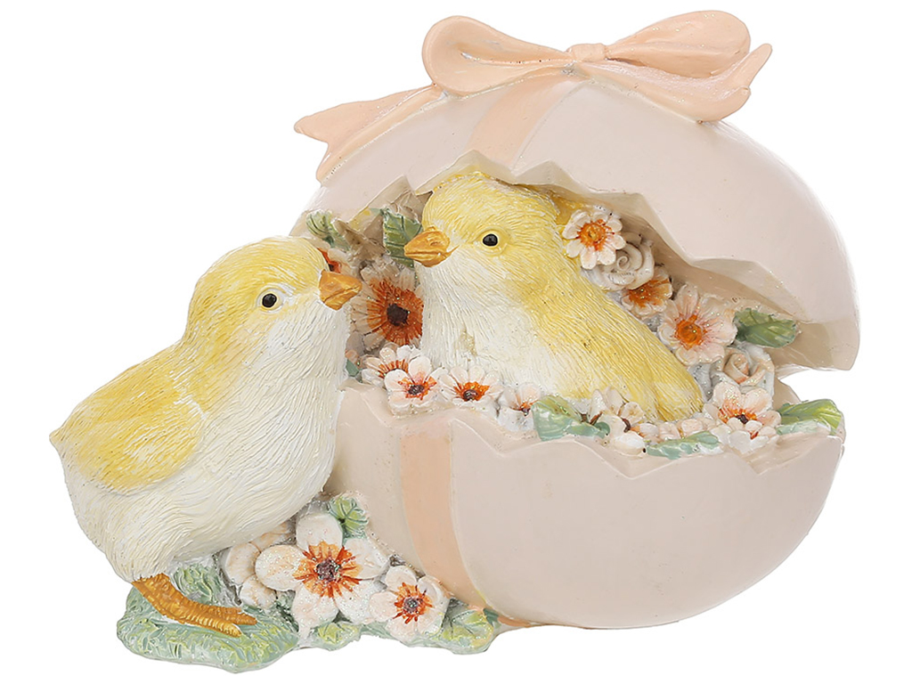Декоративная фигурка Цыплята в яйце с цветами, 13х8,5х9,5см, цвет - персиковый с желтым