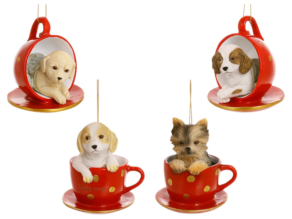 Фигурка декоративная Собака в чашке, полистоун, 8см и 10см, цвет красный, 4 дизайна (цена за 1шт)