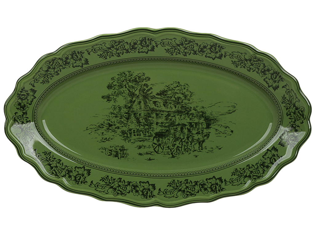 Тарілка з порцеляни Heritage Toile Collection, овальна, оливково-зелена, 36×21×3,5 см