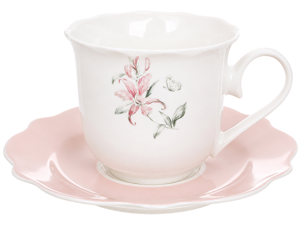 Фарфоровая чашка с блюдцем Pink Orchid, цветочный принт, 250 мл