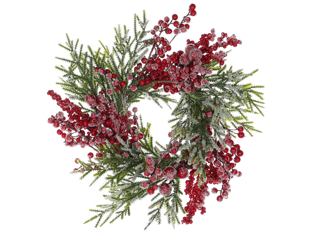Новогодний венок из хвои и красных ягод во льду, 41см