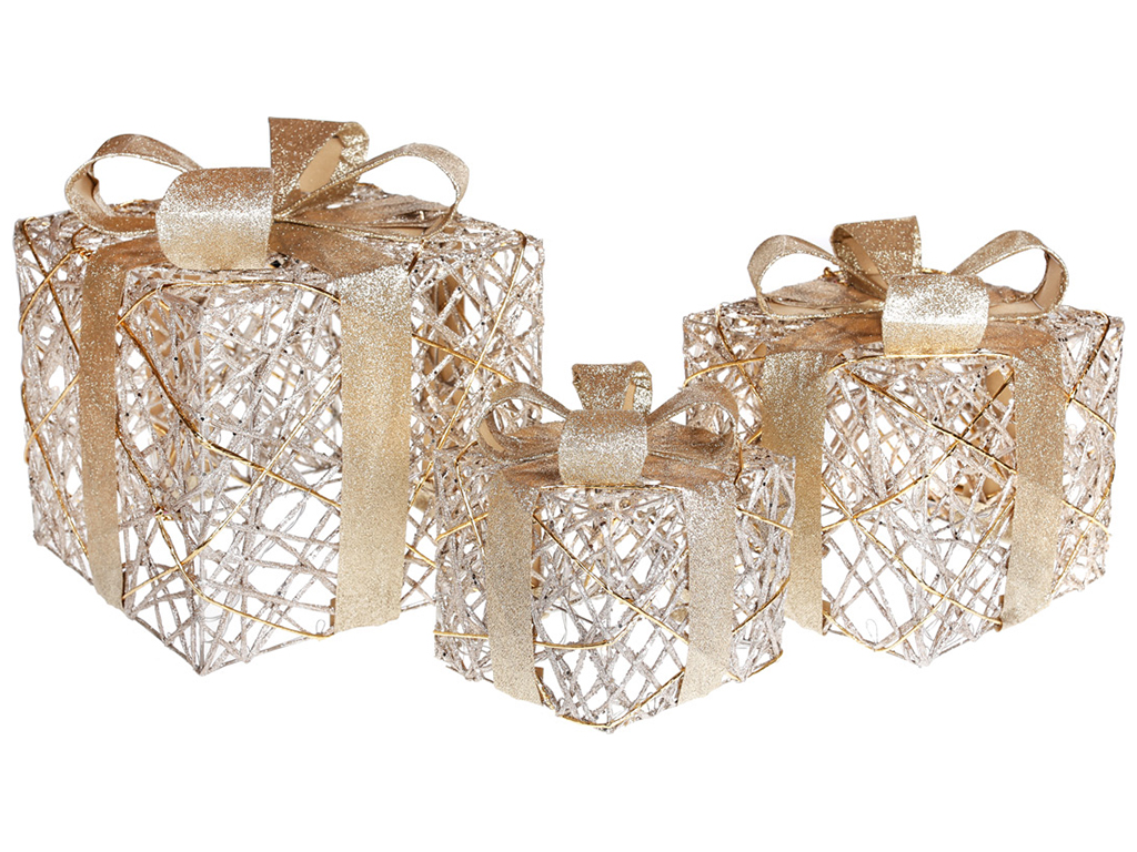 Набор декоративных подарков, 15см, 20см, 25см, цвет - светлое золото (цена за набор 3шт)