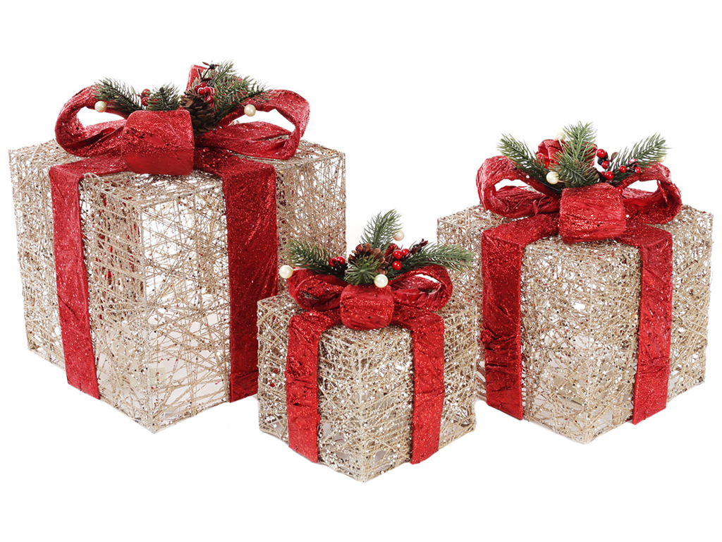Набор декоративных подарков, 15см, 20см, 25см, цвет - шампань с красным (цена за набор 3шт)
