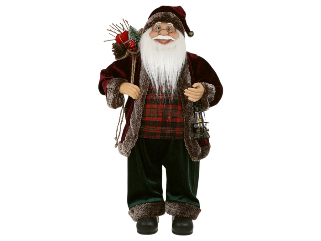 Фигура новогодняя Санта с мешком подарков и фонариком, 60см, цвет пурпурный с темно-зеленым