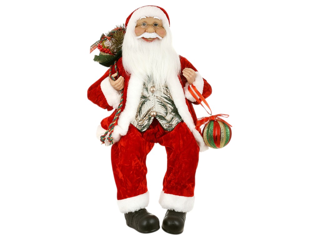 Фигура новогодняя Санта с мешком подарков и ёлочным шаром, пластик, ткань, 45см, цвет красный