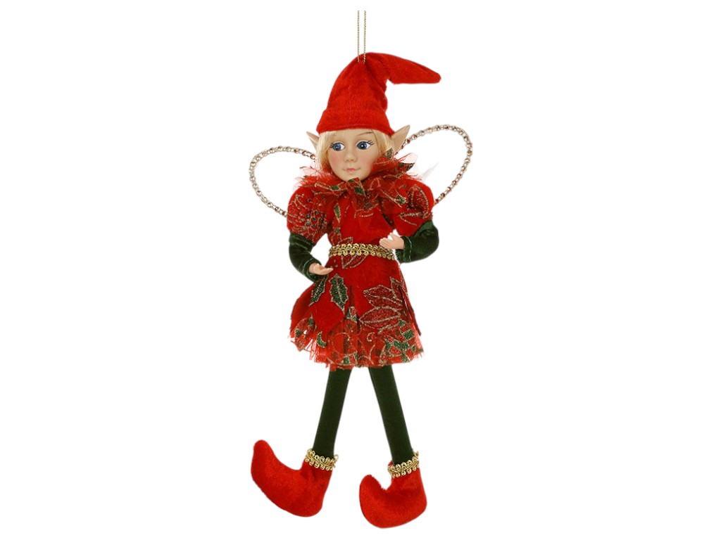 Кукла-подвеска декоративная Эльф, ткань, пластик, 15х7х35см, цвет красный с зеленым