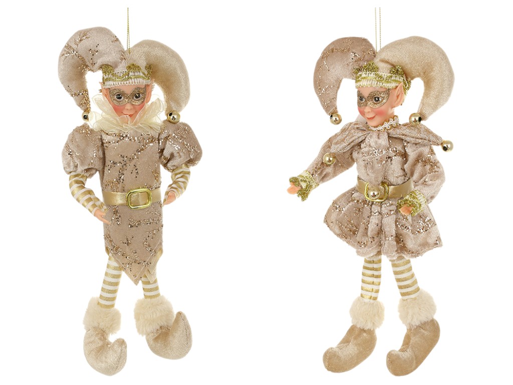 Підвіска декоративна Арлекін, тканина, пластик, 11×7×25см, колір шампань, 2 дизайни (ціна за 1шт)