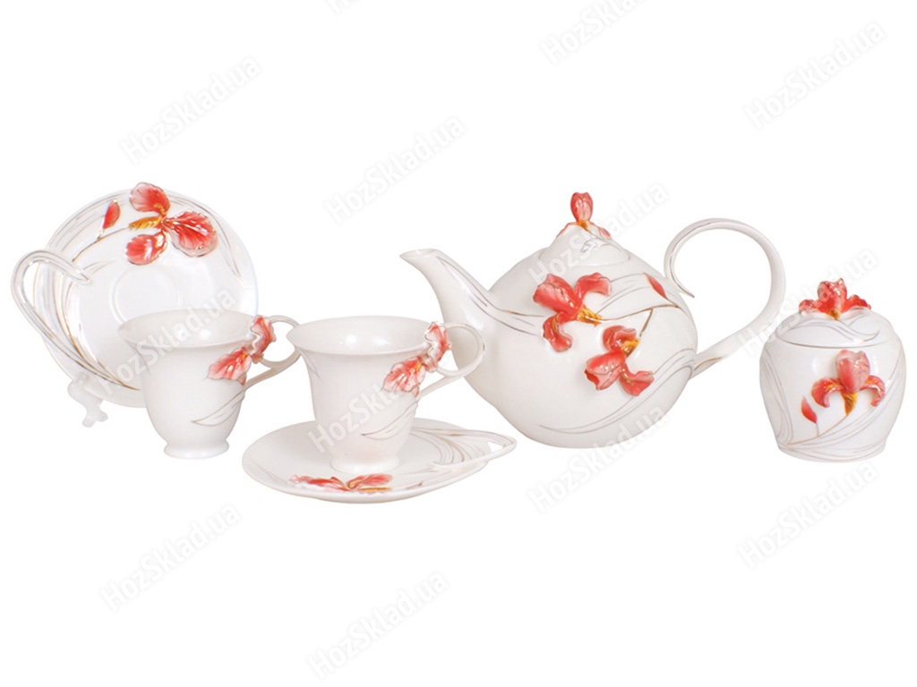 Набір Червоний ірис, 6 чашок + 6 блюдець + чайник +цукорниця (ціна за набір 14 предметів)