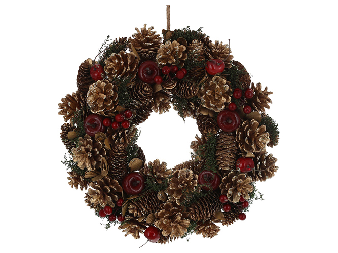 Вінок новорічний з шишок з декором з червоних ягід, вишень і яблучок, D35см