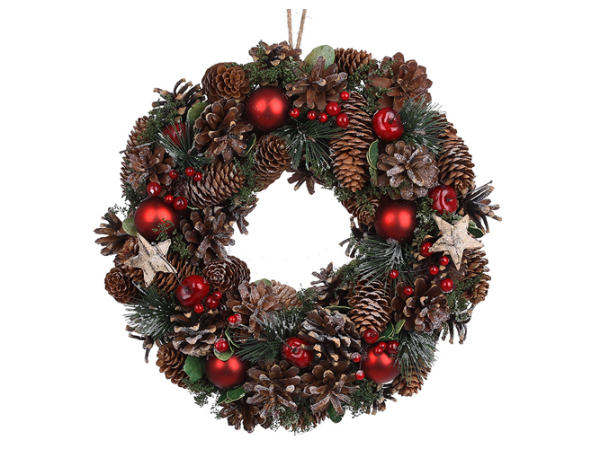 Венок новогодний с декором из шишек, шаров, и ягод, D34см, цвет - бордо