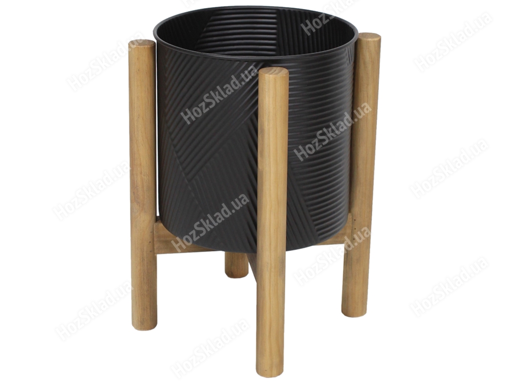 Металлическое кашпо на деревянной подставке, 42см, цвет – черный