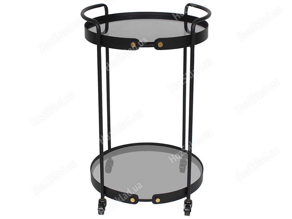 Барный метал столик со стеклянной столешницей и полкой на колесах, 45,5x43,5x71см, цвет – черный