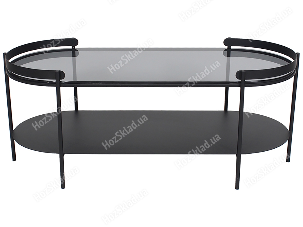 Кофейный столик металлический со стеклянной столешницей и полкой, 100x42,5x40см, цвет - черный