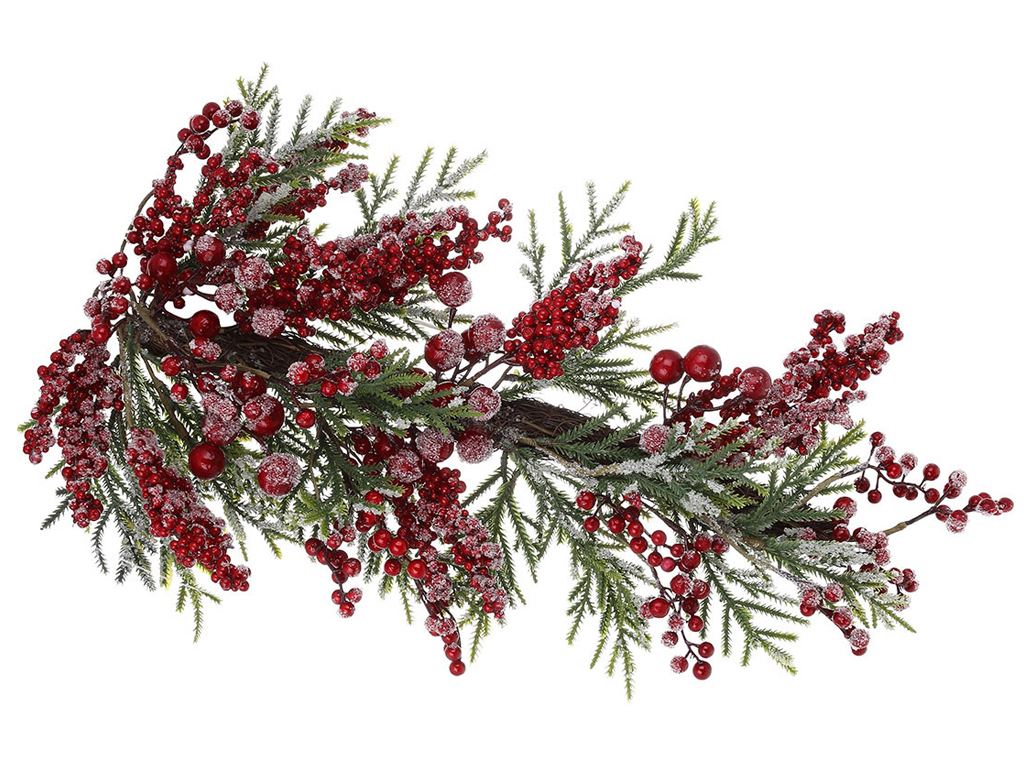 Новорічна гілка із засніженої хвої з декором із ягід, 66см