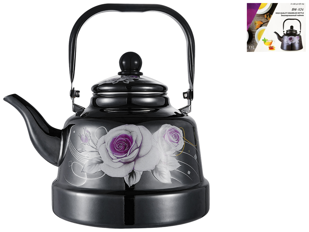 Чайник эмалированный Benson черного цвета с рисунком, для всех типов плит, 1,1л