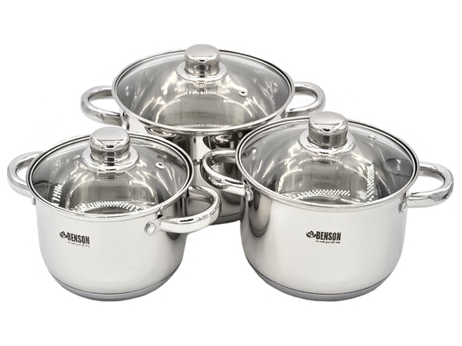 Набор кастрюль с крышкой Benson, из нержавеющей стали, 2,1л, 2,9л, 3,9л (цена за набор 6 предметов)