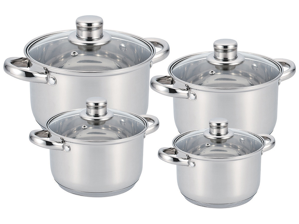 Набор кастрюль с крышкой Benson, из нержавеющей стали, 2,1л, 2,9л, 3,9л, 6,5л (цена за набор 8 предм