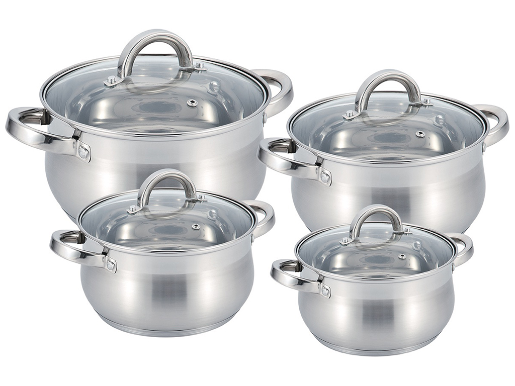 Набор кастрюль с крышкой Benson, из нержавеющей стали, 2,1л, 2,9л, 3,9л, 6,5л (цена за набор 8 предм
