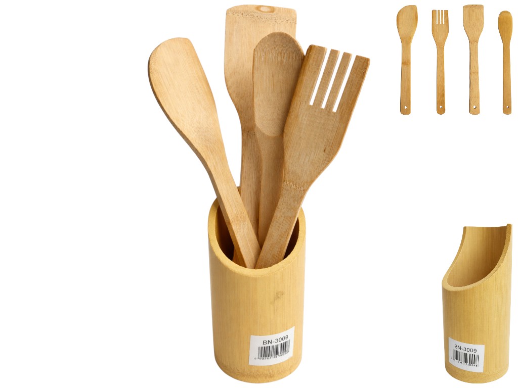 Набір кухонного приладдя з підставкою, 2 лопатки, вилка, ложка, бамбук (ціна за 5 предметів)