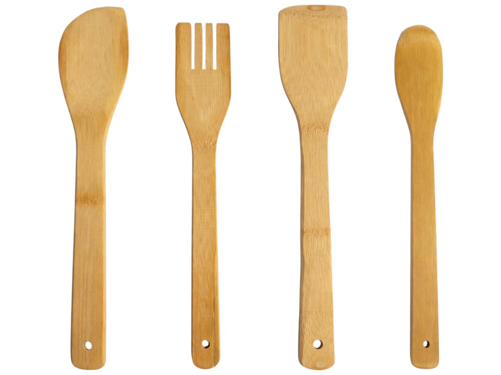 Набір кухонного приладдя з підставкою, 2 лопатки, вилка, ложка, бамбук (ціна за 5 предметів)