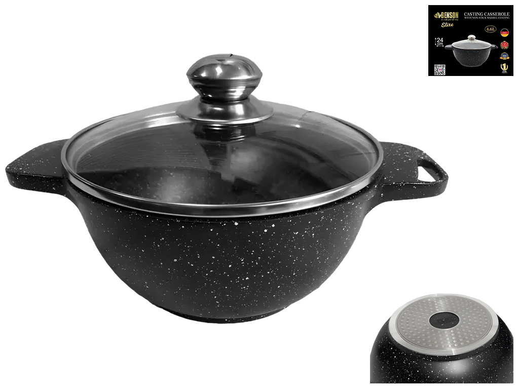 Казан с крышкой Benson, антипригарное мраморное покрытие, 4,6л, 24см (индукция)