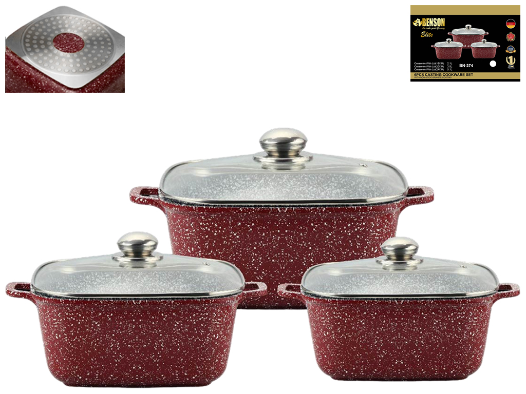 Набор квадратных кастрюль с крышками Benson гранитное покрытие, 2,1л, 3л, 5,1л (6 предметов)