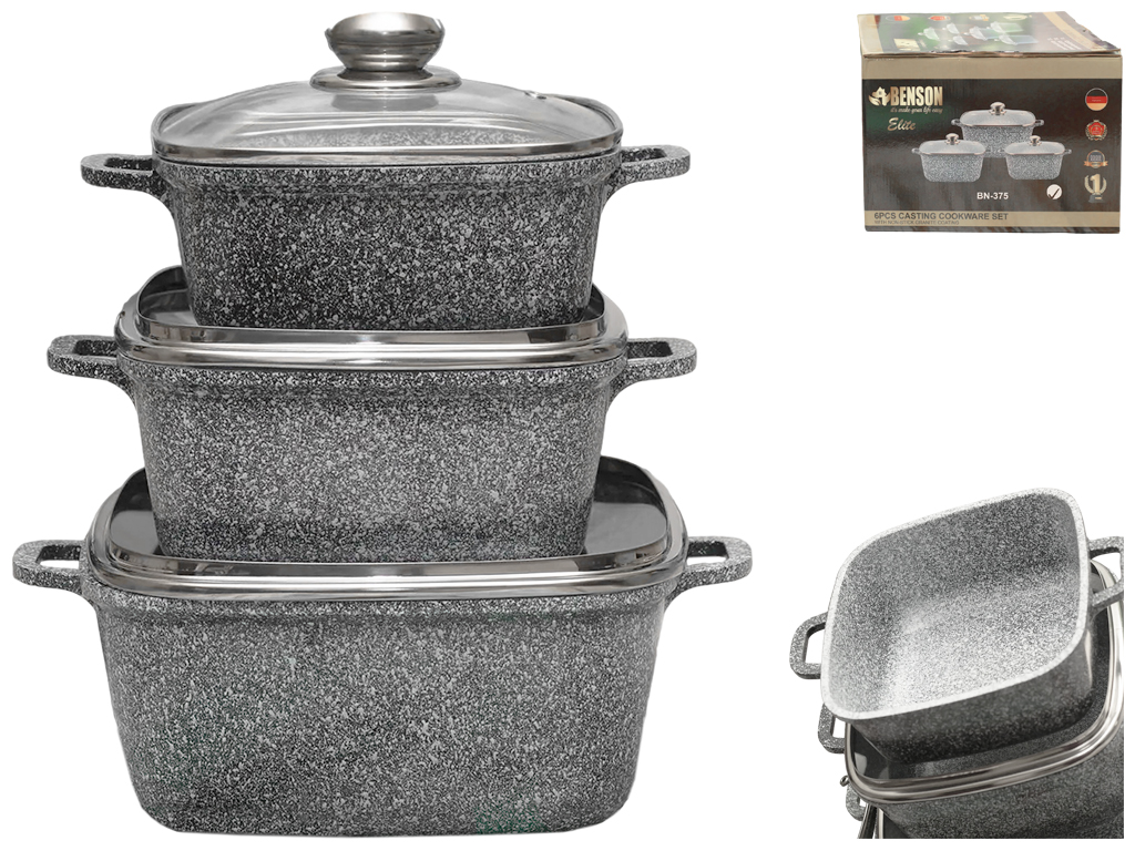Набор квадратных кастрюль с крышками Benson гранитное покрытие, 2,1л, 3л, 5,1л (6 предметов)