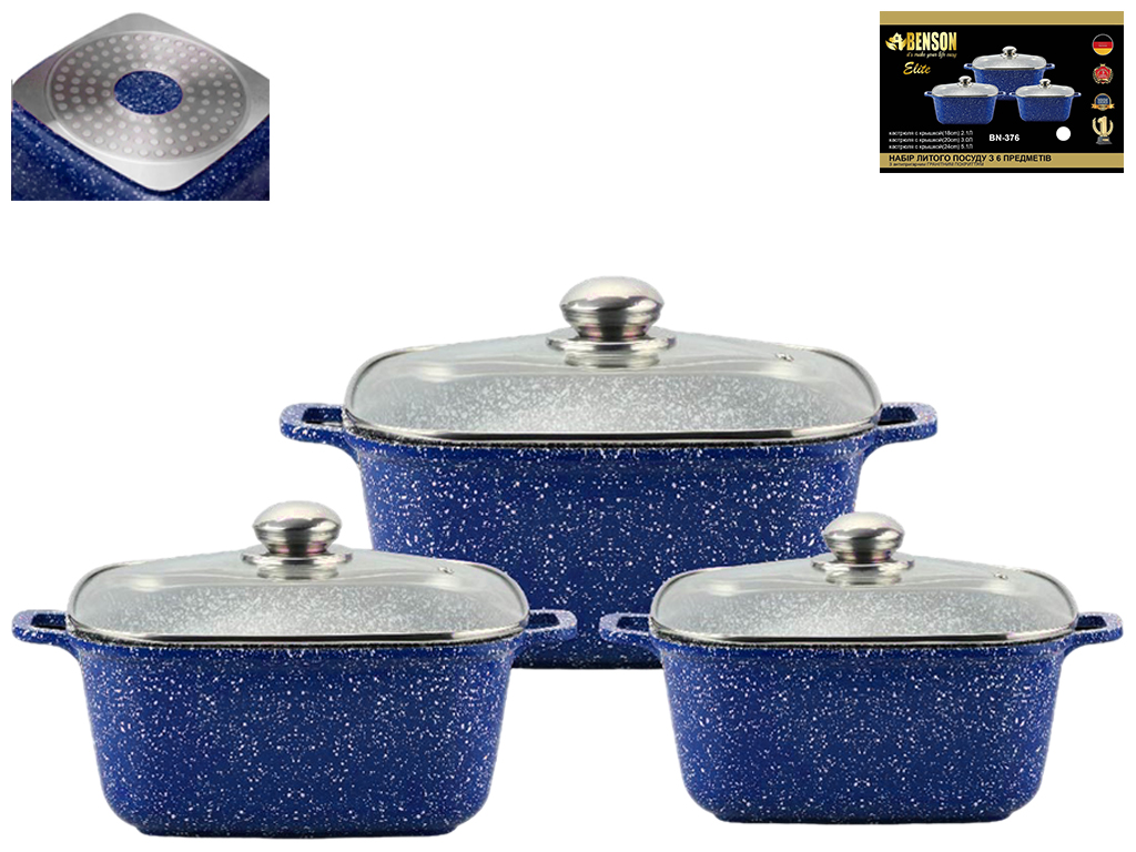 Набор квадратных кастрюль с крышками Benson гранитное покрытие, 2,1л, 3л, 5,1л (6 предметов)