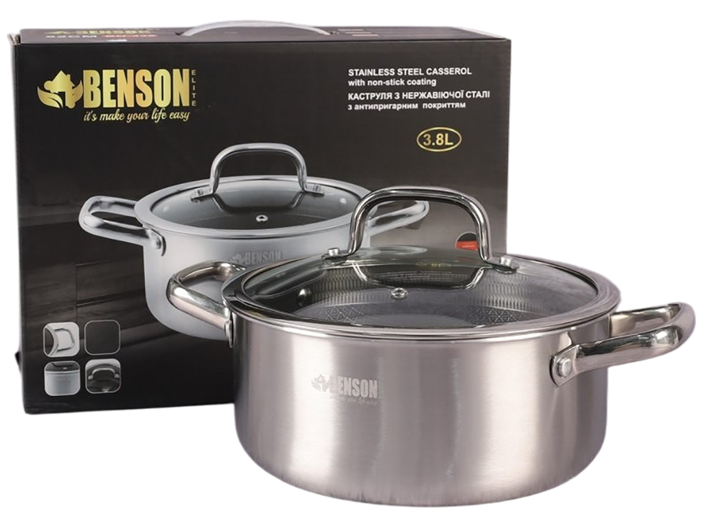 Каструля з кришкою Benson, нержавіюча сталь, антипригарне покриття, 3,8л, 22см