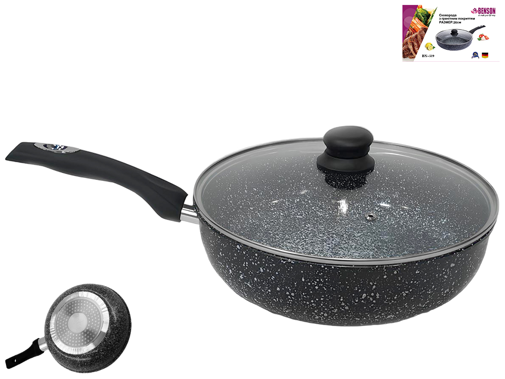 Сковорода глубокая с крышкой Benson, гранитное покрытие, для всех типов плит, 26x7,5см