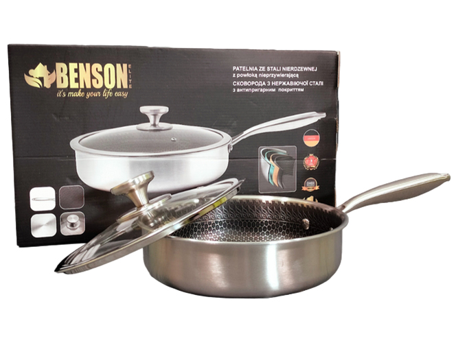 Сковорода глубокая Benson из нержавеющей стали, антипригарное покрытие, 24см