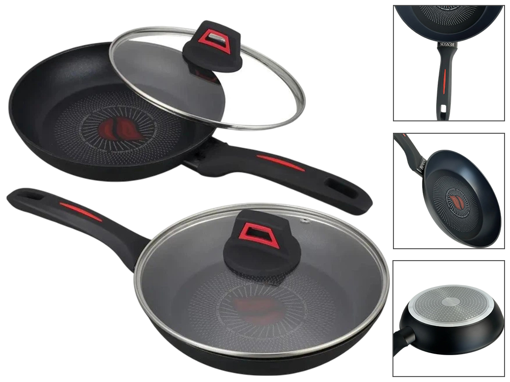 Сковорода Benson, с крышкой, литой алюминий, антипригарное термоиндикаторное покрытие, 24см