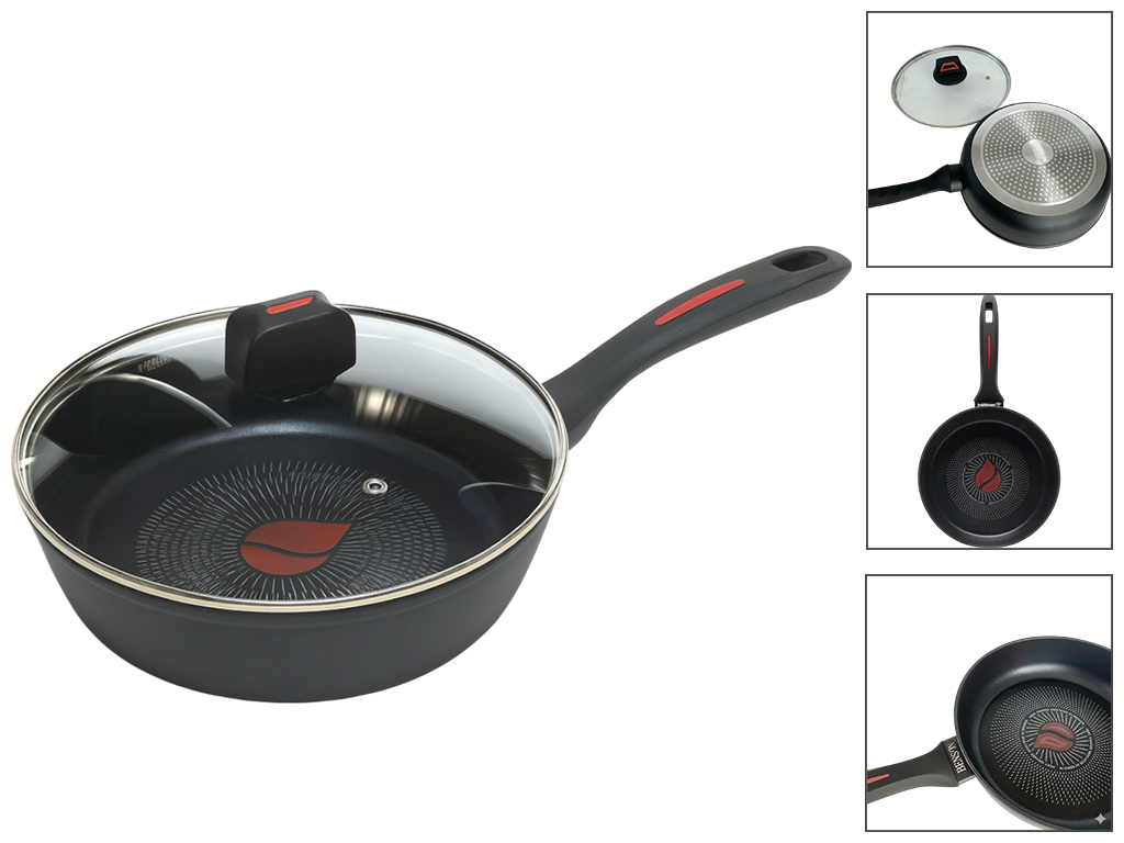 Сковорода-сотейник Benson, с крышкой, литой алюминий, антипригарное термоиндикаторное покрытие, 28см