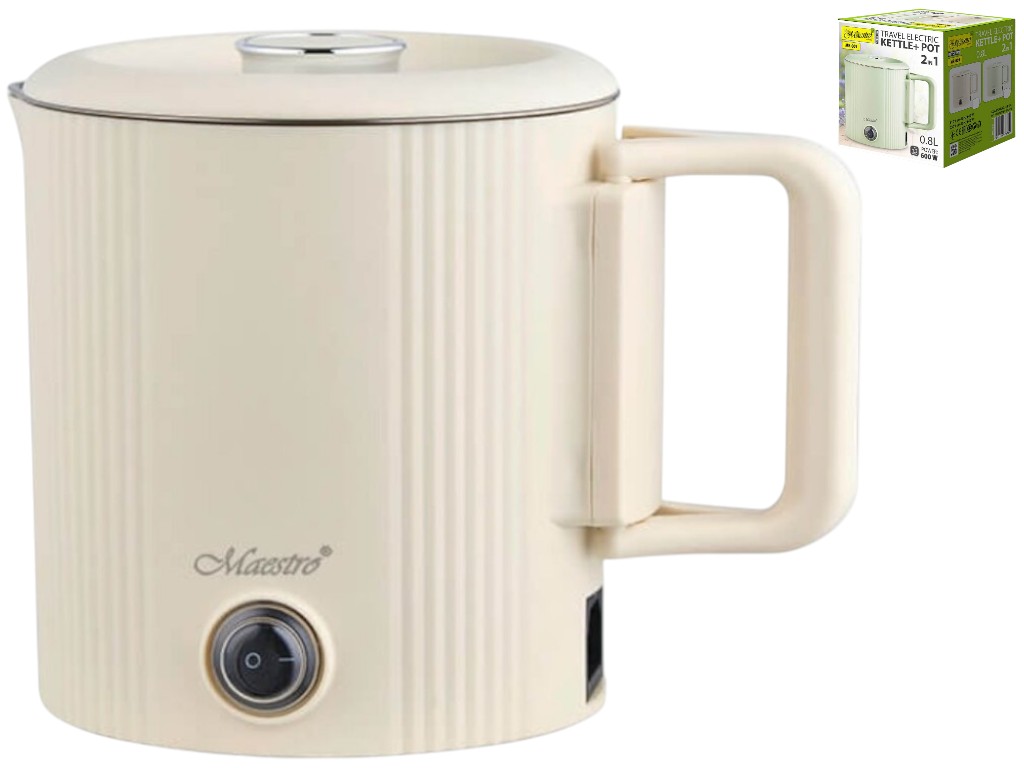 Чайник электрический дорожный + кастрюля 2в1, 600Вт, пластик, нержавеющая сталь, 800мл, цвет бежевый