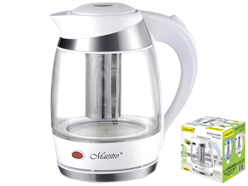 Чайник электрический Maestro WHITE стеклянный, с заварником, 1850-2200 Вт 1,8л