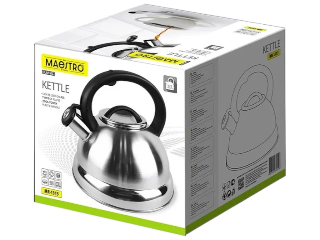 Чайник із свистком Maestro, нержавіюча сталь, пластик, 3л, колір срібний