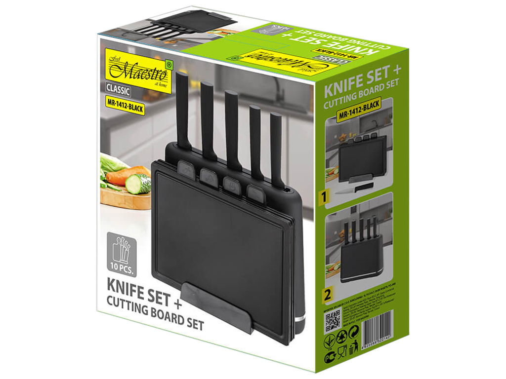 Набор кухонный на подставке Maestro, 5 ножей, 4 доски, цвет черный (цена за набор 10 предметов)