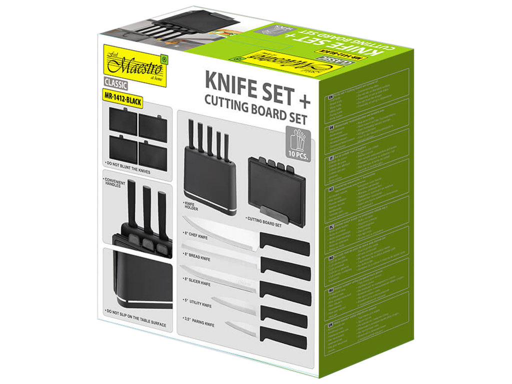 Набор кухонный на подставке Maestro, 5 ножей, 4 доски, цвет черный (цена за набор 10 предметов)