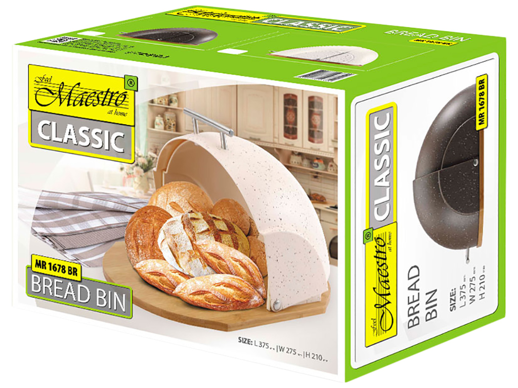 Хлебница Maestro Classic Granite коричневая, пластиковая с деревянной основой и стальной ручкой
