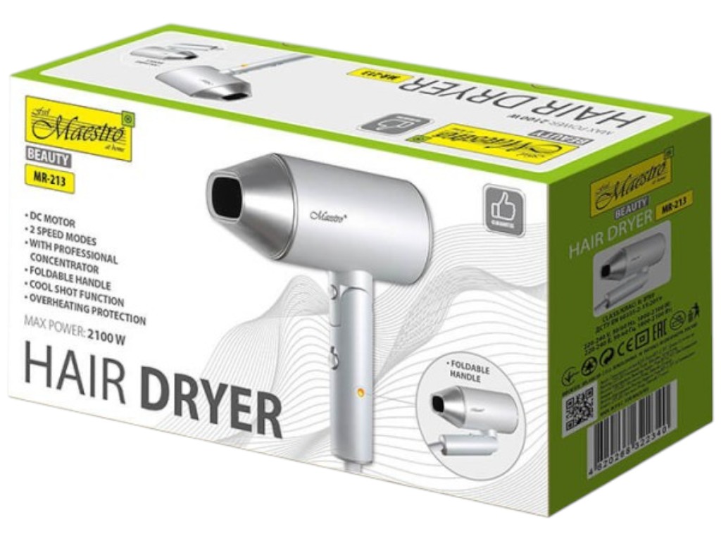 Фен Maestro, 2100Вт, 220–240 В, 50 Гц, DC двигатель, концентратор, 2 скорости, 24×17×7,5см