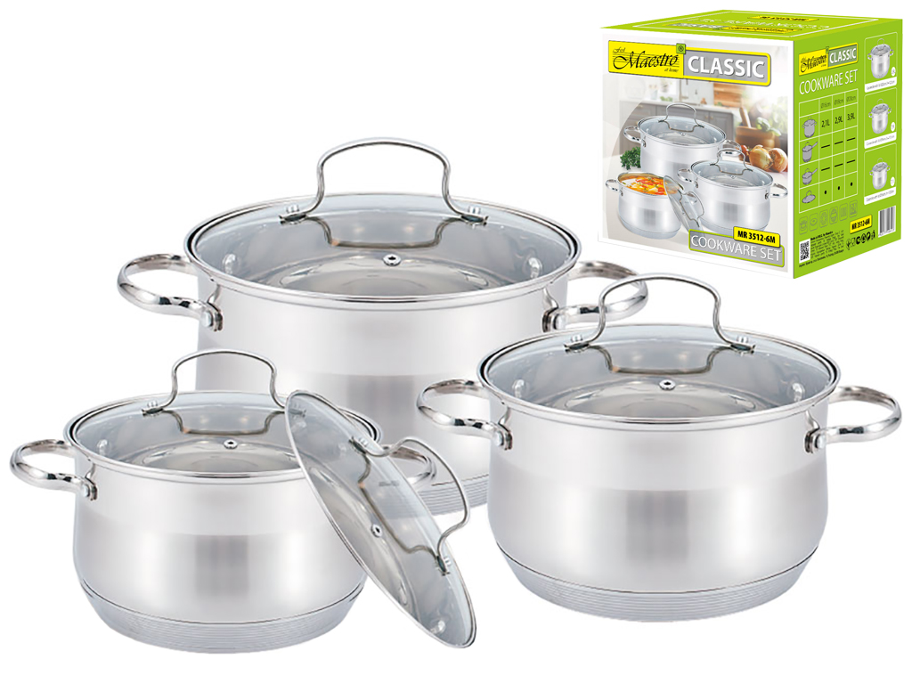Набір каструль Maestro всі плити, багатошар.дно, нерж.сталь 2,1-2,9-3,9л (ціна за набір 6 предметів)