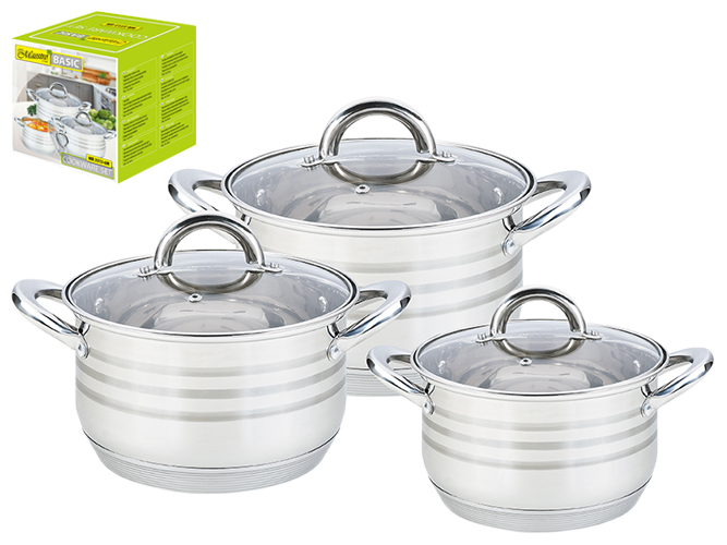 Набор кастрюль Maestro все плиты, 9-слойн. дно, нерж. сталь 2,1-2,9-3,9л (цена за набор 6 предметов)