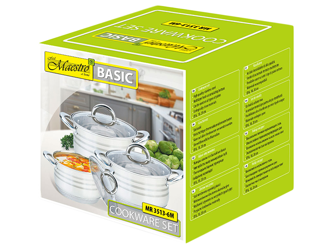 Набор кастрюль Maestro все плиты, 9-слойн. дно, нерж. сталь 2,1-2,9-3,9л (цена за набор 6 предметов)